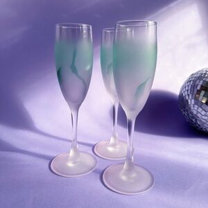 Vintage Teal & Purple Frosted Watercolour Luminarc France Champagne Flutes